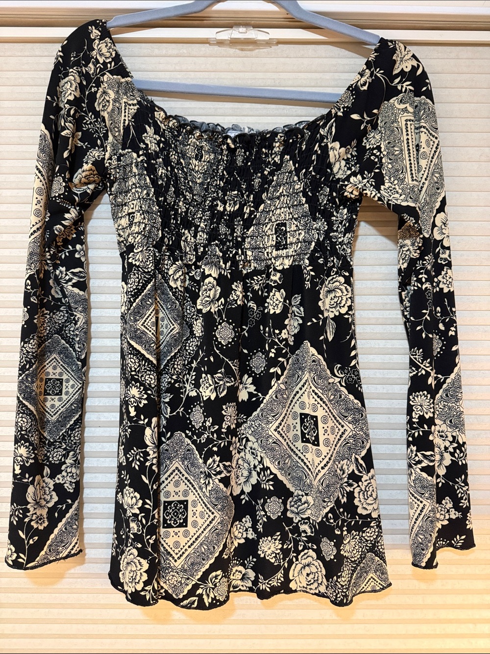 Body Central Black and Cream Floral Smocked Top
